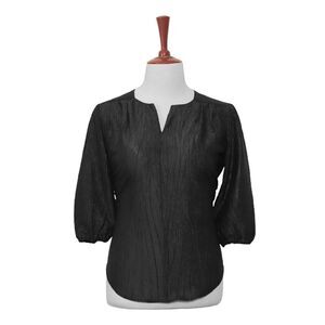 Womens Silky Blouse Black Crinkle 3/4 Sleeve V-Neck Relaxed Casual Top Large